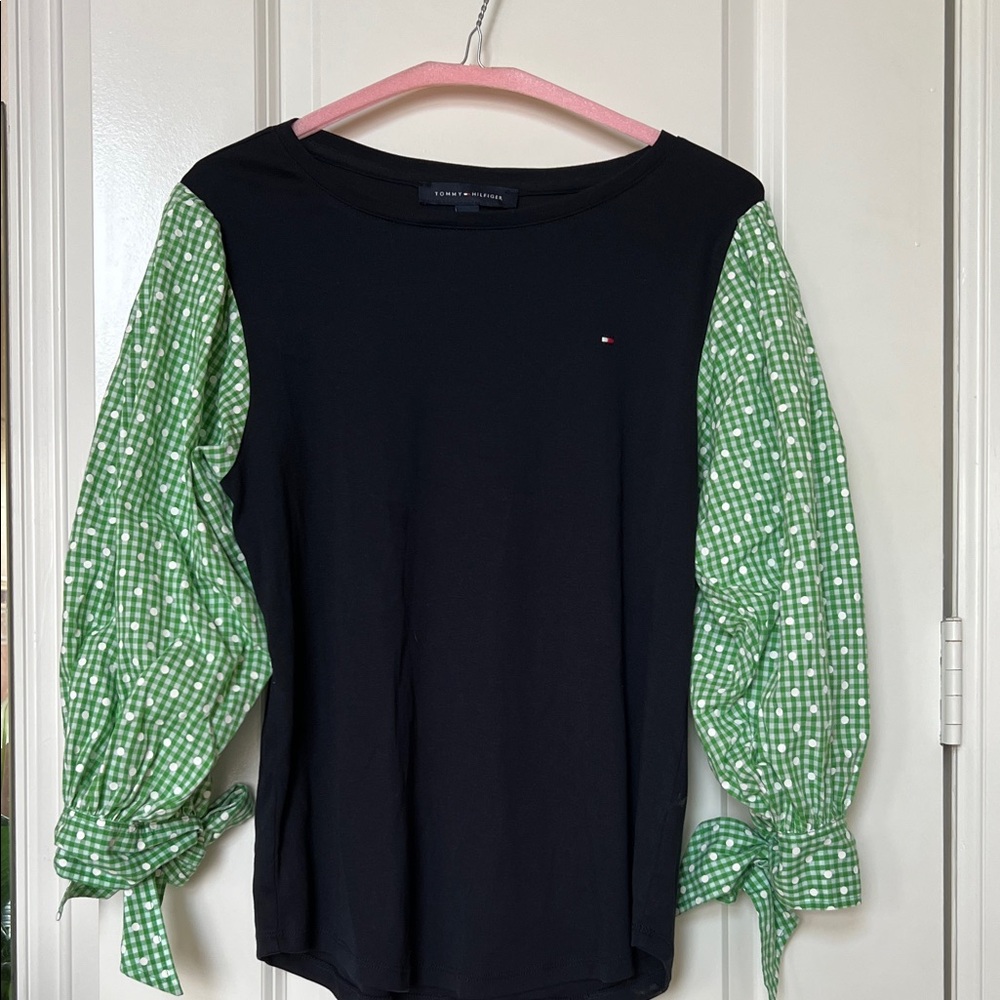 Tommy Hilfiger Black Top with Green Checkered Sleeves